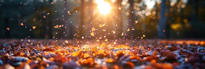 Leaves fall through the air as the sun sets behind a forest