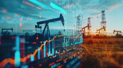A silhouette of an oil pump stands out against a sunset backdrop, overlaid with a digital screen displaying financial charts. Other oil pumps are visible in the background. Generative AI