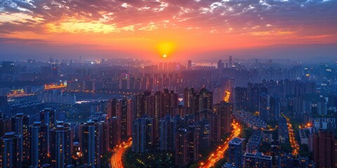 Obraz premium A breathtaking sunrise illuminates a cityscape, with a vast expanse of buildings extending into the distance