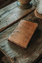 Fototapeta premium Vintage Handmade Leather-Bound Journal on Wooden Table for Rustic Home Decor and Writing Inspiration