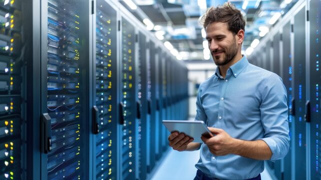 A technician in a data center walks past server racks while reviewing information on a tablet