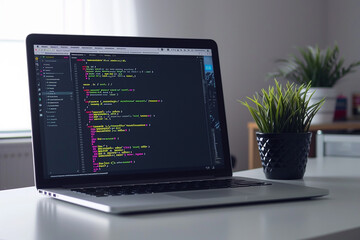 Fototapeta premium A laptop displaying colorful code on its screen sits on a minimalist white desk, accompanied by a small plant, symbolizing a modern and organized workspace for programming and productivity.