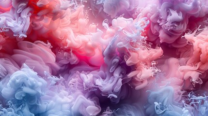 Pink, purple, and blue ink swirls and mixes in water, creating an abstract, ethereal pattern