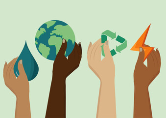 Diverse hands holding symbols of water, earth, recycling, and energy, representing collective action for environmental sustainability. Environmental social governance illustration. Sustainability