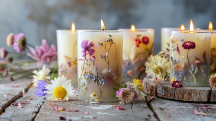 Handmade Floral Candles Displayed on Wooden Surface for Rustic Home Decor or Gifts