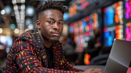 Fototapeta premium Young man with dreadlocks in patterned jacket uses laptop in colorful room