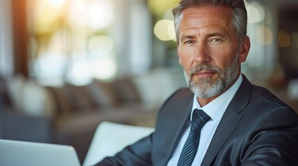 A businessman sits at a desk in a modern office setting, working on his laptop