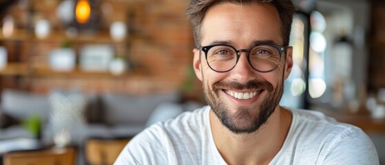 A man with a beard and glasses smiles in a cafe setting