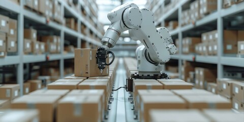 A robotic arm places a package on a conveyor belt in a warehouse