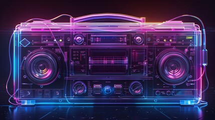 Fototapeta premium A transparent boombox with glowing neon outlines and wires, standing on a reflective surface