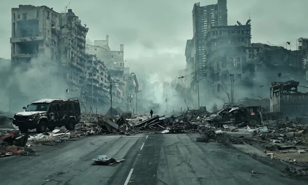 Destroyed City Street. 4K video