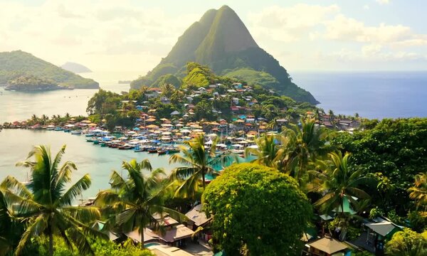 A lush green jungle with palm trees and a mountain in the background
