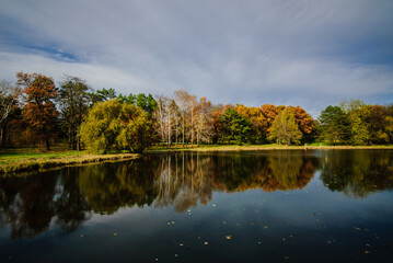Autumn trees in the park and lake, on a sunny day.