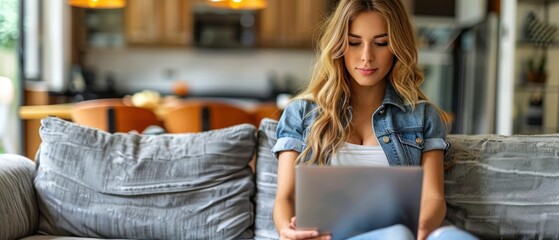 Fototapeta premium Woman sitting on a couch, using a laptop
