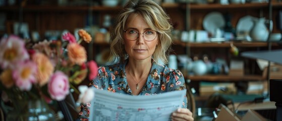Fototapeta premium A woman with glasses looks thoughtfully at a newspaper in a flower shop