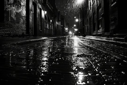 Fototapeta  a deserted urban street at night, rain-soaked pavement 