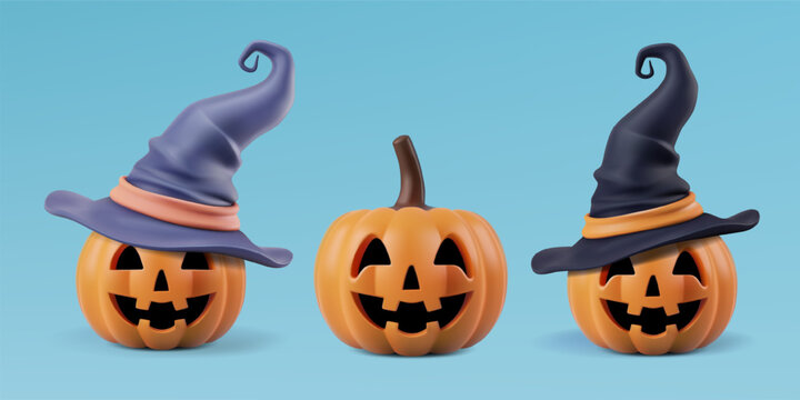 Halloween pumpkin characters in pointy wizard hats. Creepy 3d laughing face, helloween jack lantern in wizard cap. Cute party costume, orange happy scary spooky gourd, plastic cartoon realistic render