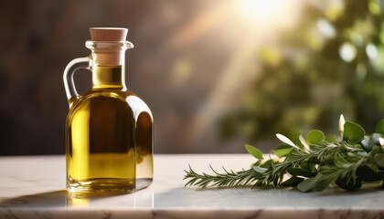 Luxurious olive oil bottle with gold cap on marble table, fresh green herbs. Flavorful food dressing
