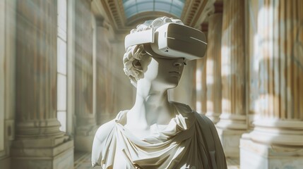 A marble statue adorned with virtual reality goggles, blending classic art with modern technology in a grand setting.