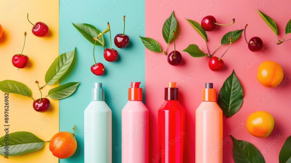 Poster Arrangement of cosmetic bottles and cherries on colorful backdrop