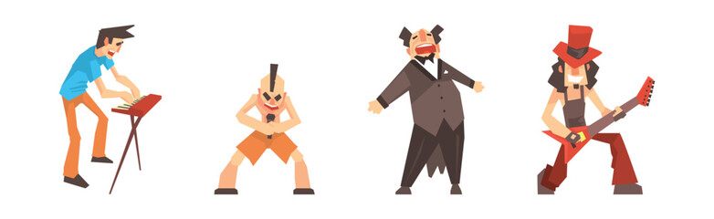 People Musicians Playing Musical Instrument and Singing Vector Set