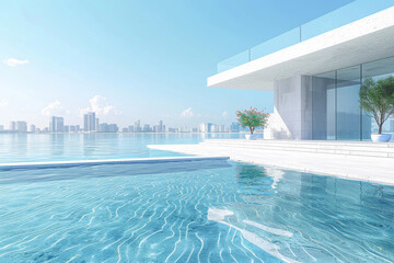 Modern buildings by the lake. The modern urban skyline is in the background.