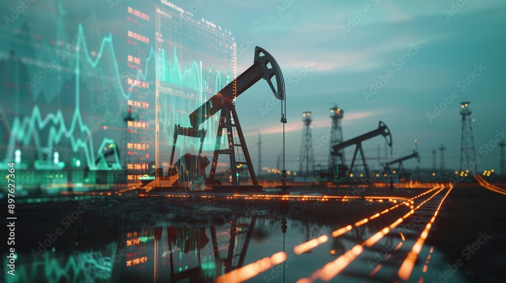 Aufkleber A double exposure image shows oil pumps in a field with a digital screen displaying financial charts and graphs overlaid, symbolizing the rising cost of gasoline. Generative AI