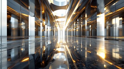 A futuristic hallway with sleek, metallic columns and a glossy floor reflecting sunlight.