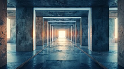 Obraz premium A long, concrete corridor with glowing white frames leading to a bright light at the end. The space feels futuristic and mysterious.