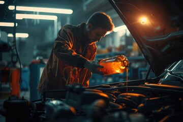Mechanic Pouring Oil into Car Engine at Night