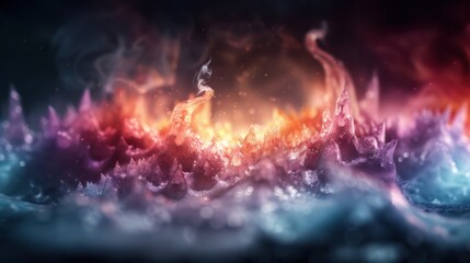 An abstract fiery landscape showcasing colorful flames and smoke, hinting at mountain shapes, creating a visual depiction of intensity, power, and surreal nature in vibrant hues.