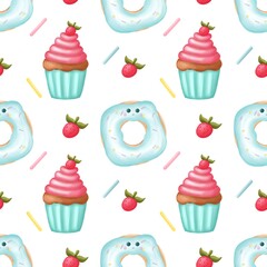 Watercolor seamless pattern with  sweets illustration. Cupcakes digital paper isolated background. Summer time,digital paper,wallpaper,scrapbook, print,decor.