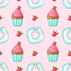Watercolor seamless pattern with  sweets illustration. Cupcakes digital paper isolated background. Summer time,digital paper,wallpaper,scrapbook, print,decor.