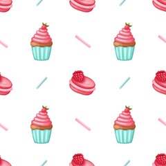Watercolor seamless pattern with  sweets illustration. Cupcakes digital paper isolated background. Summer time,digital paper,wallpaper,scrapbook, print,decor.