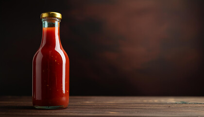 Glass bottle of red hot chili sauce on rustic wooden table. Tasty and spicy. Flavorful food dressing