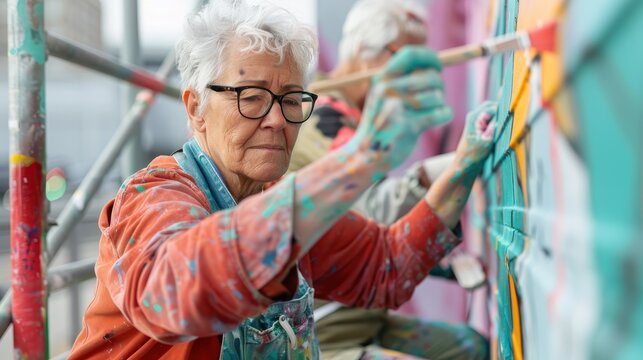 An elderly woman attentively painting a vibrant mural outdoors, showcasing her artistic passion and meticulous technique, dedicated to creating a colorful masterpiece.