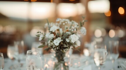 Floral arrangements on a table set for guests at an event, featuring glasses, cutlery, and plates. The lighting from the setting sun creates a mesmerizing and soothing scene.