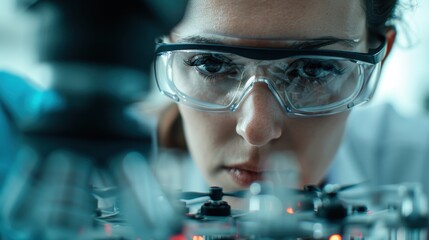 An engineer is meticulously examining intricate hardware components under a microscope, engaged in detailed and precise technical work crucial for advancements in technology and engineering.