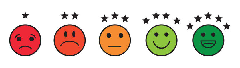 Smile Rate Customer Satisfaction giving high score rating, Emoji Feedback Scale with Stars Icon., Customer Satisfaction reaction or survey concept,