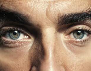Naklejka premium close-up portrait of mans face, focusing on his eyes and nose. The image is in focus and captures the intricate details of his features, including his green eyes and subtle lines around his nose.