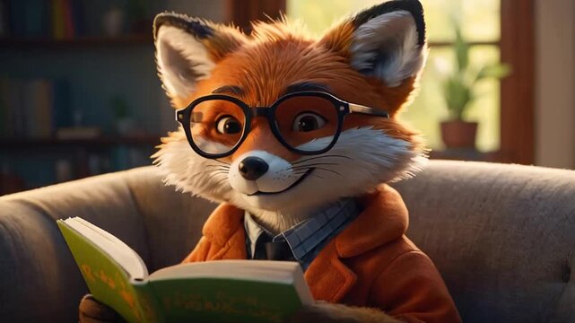 Cute fox reading a book at home learning