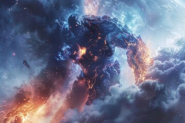 elemental titan emerging from volcanic caldera magma armor smoke tendrils crystal growths bioluminescent highlights cosmic backdrop