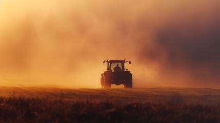 Fototapeta premium A tractor moves slowly across a foggy field during sunset, creating a serene and atmospheric rural scene filled with warm hues