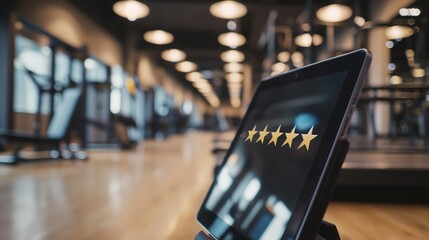 Tablet computer with displayed five star rating at modern gym facility, online workout application review
