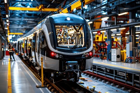 This image captures a modern train undergoing maintenance inside a high-tech factory, showcasing the advanced engineering and meticulous work involved in ensuring safety and efficiency.
