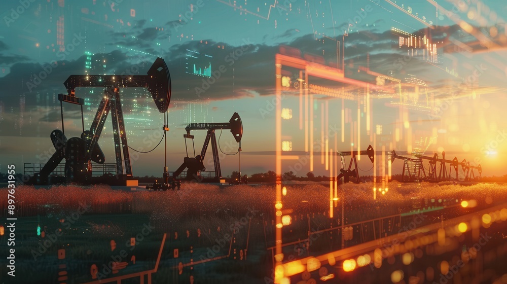 Aufkleber oil pumps in a field at sunset with a digital screen overlay displaying financial charts representin