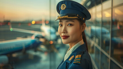 Obraz premium white young asian female pilot stands in uniform against the backdrop of the airport
