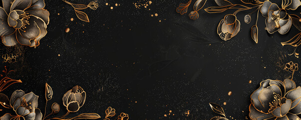 Vintage floral frame intricately hand-drawn on a black background with gold dust accents, ideal for adding a touch of elegance to various designs.