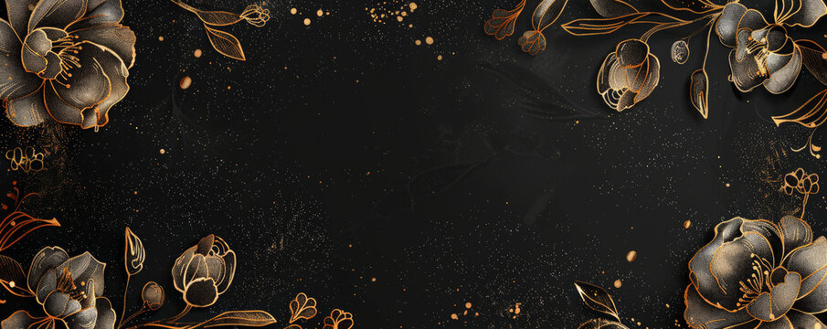 Vintage floral frame intricately hand-drawn on a black background with gold dust accents, ideal for adding a touch of elegance to various designs.
