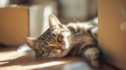 cute grey tabby cat cardboard box floor home